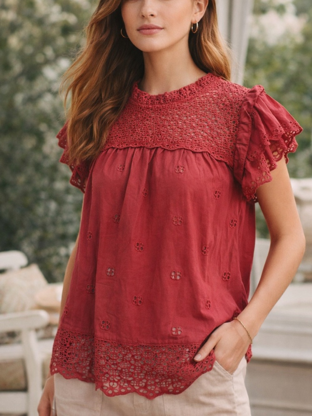 Calypso St. Barth Crimson Crochet Yoke Flutter Sleeve Top Blouse